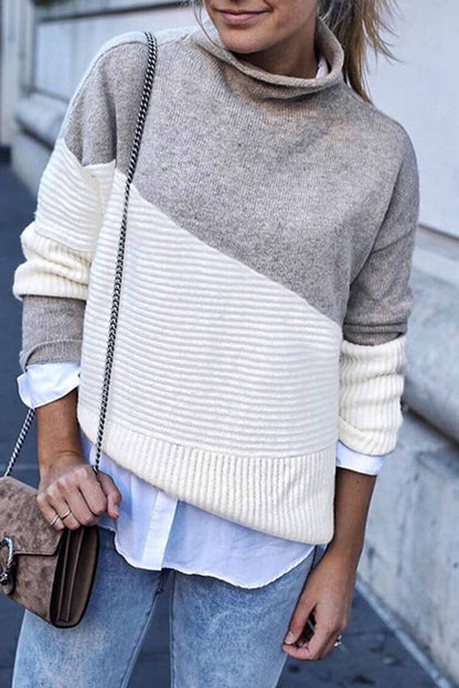 Moderner Colorblock-Strickpullover Mit Hohem Kragen Für Damen | Ideal für Herbst/Winter