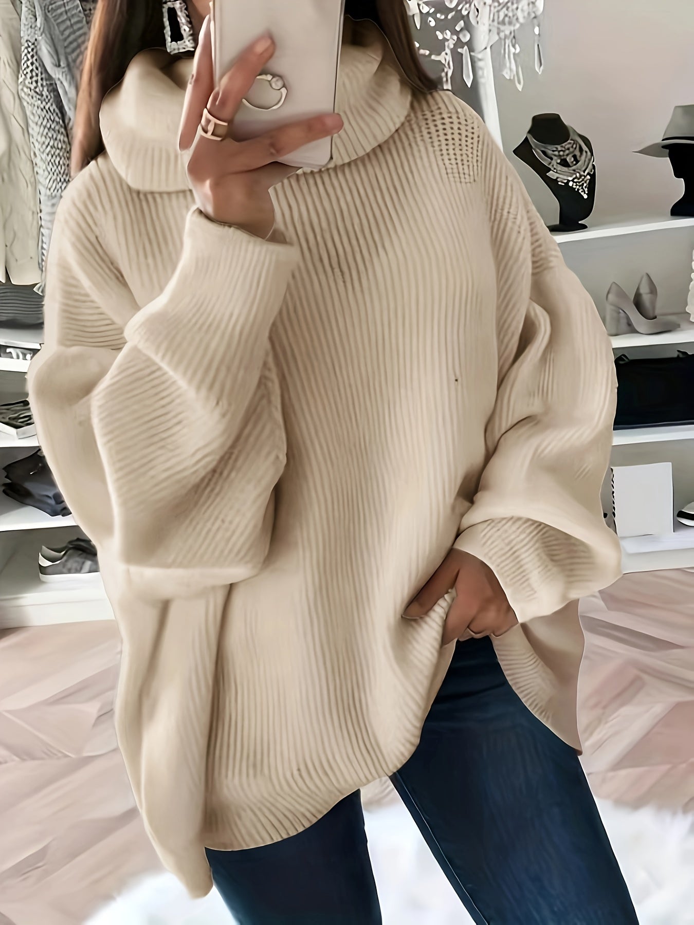 Oversized uni-farbener Hochkragen-Strickpullover für Damen | Ideal für Herbst/Winter