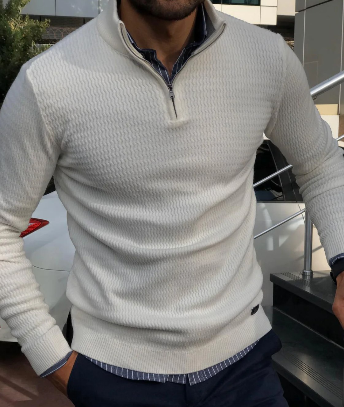 Eleganter Weisser Reissverschluss Pullover für Herren | Ideal für Herbst/Winter