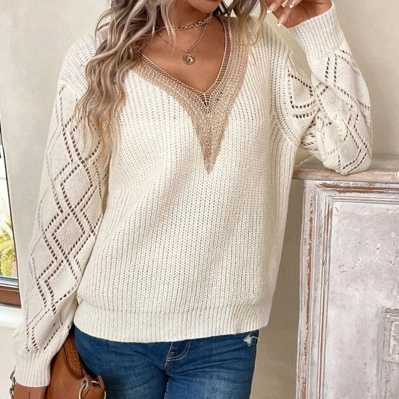 Schicker Beiger Strickpullover mit Spitze für Damen | Ideal für Herbst/Winter