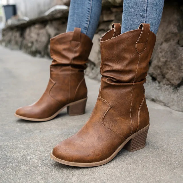 Western Cowboy Stiefeletten aus Kunstleder mit Absatz für Damen | Perfekt für Casual Days