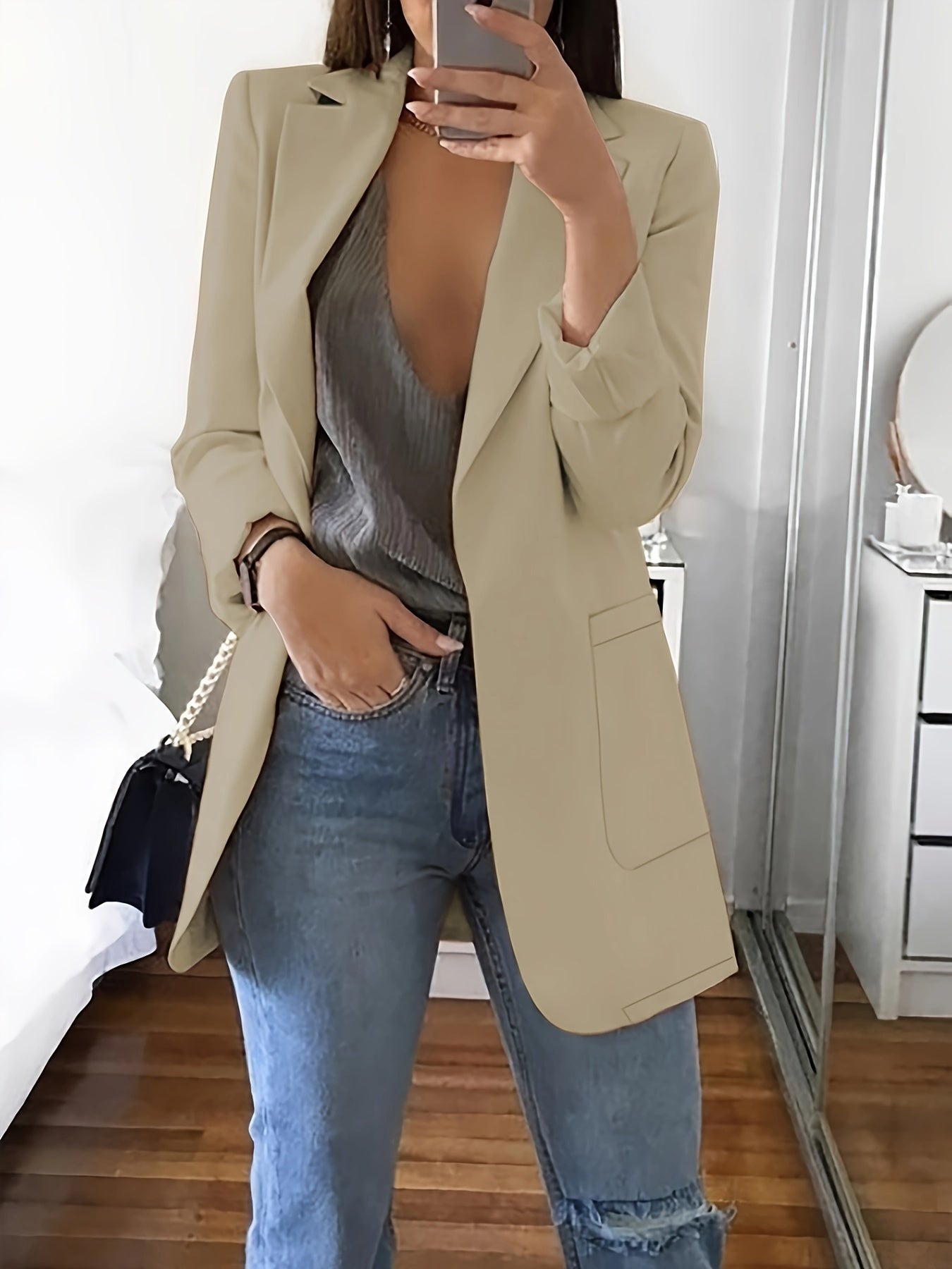 Elegante Business Long Blazer in Uni mit Revers für Damen | Ideal für alle Jahreszeiten