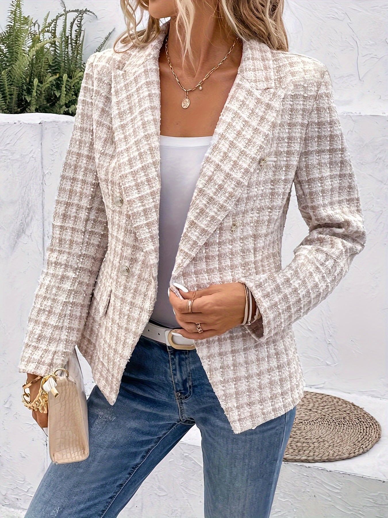 Elegante Business Blazer mit Karomuster und Doppelter Knopfleiste für Damen | Ideal für alle Jahreszeiten